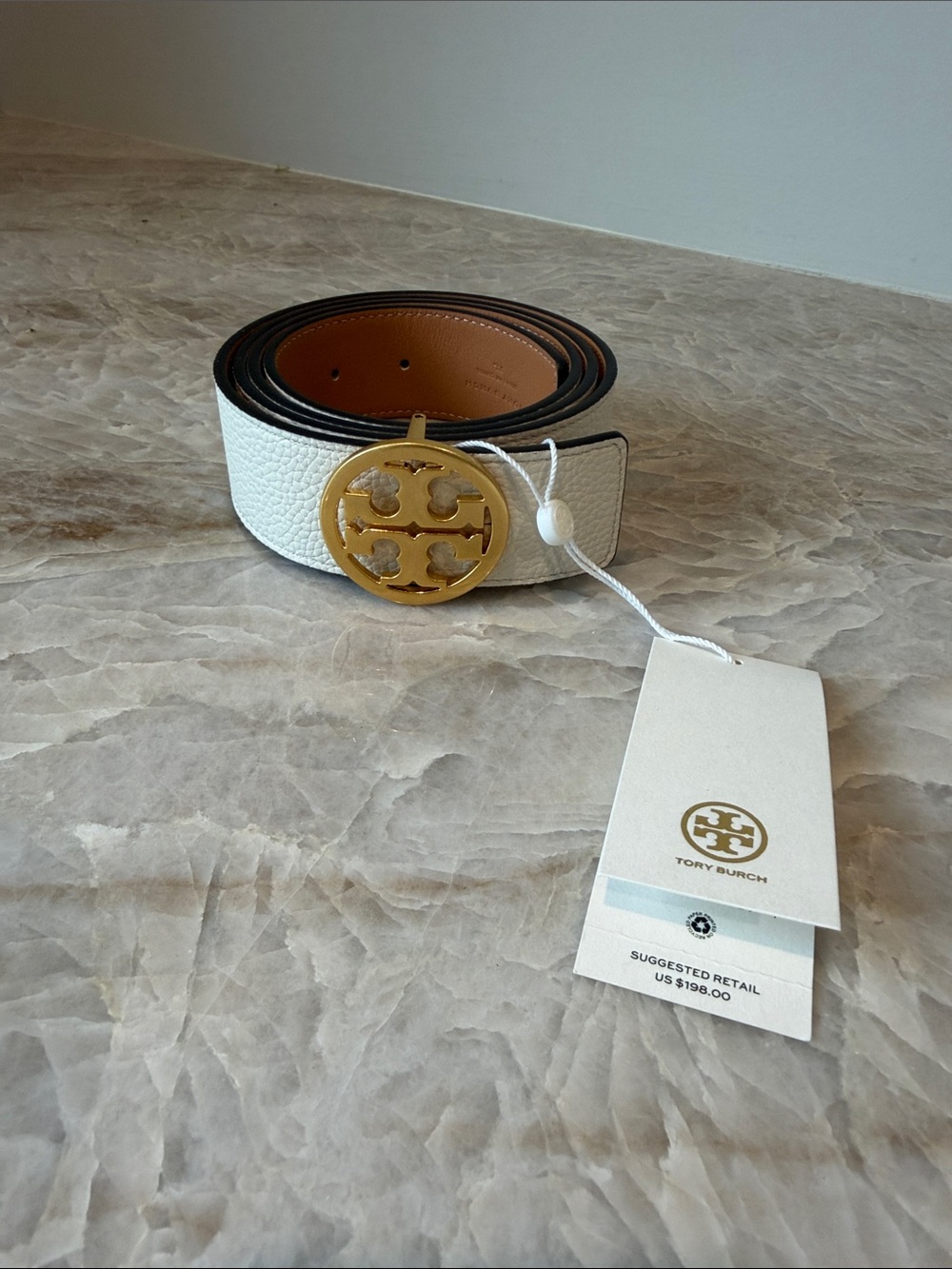 Tory Burch White Pebbled Leather Belt with Gold Logo Buckle